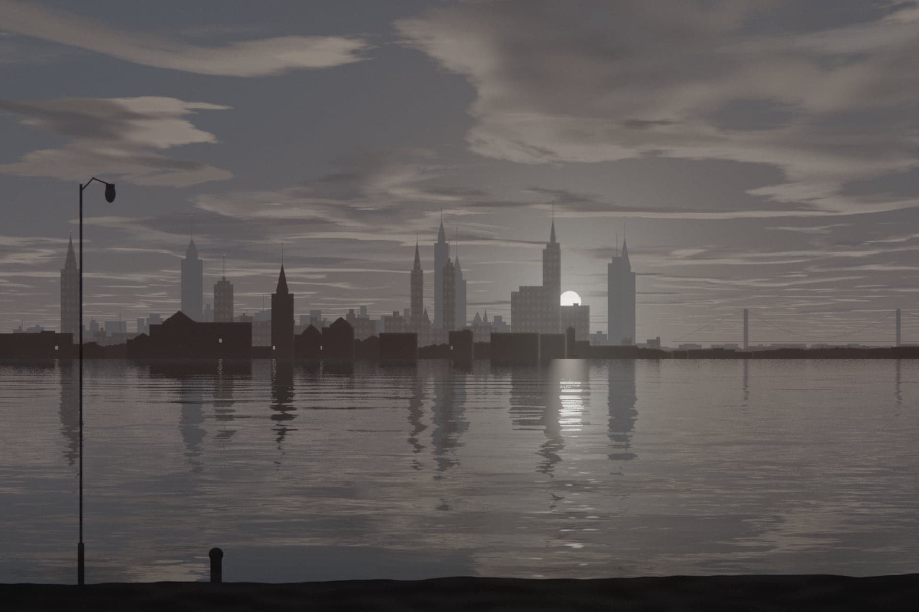 A city skyline across a river at sunset