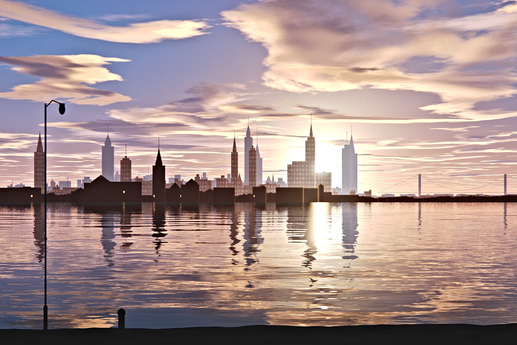 A city skyline across a river at sunset